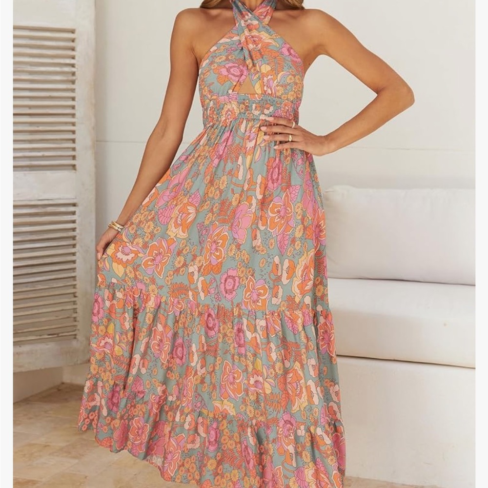 Crossover Halter Neck Sleeveless Plaid Cut Out Backless Flowy A Line Maxi Dress